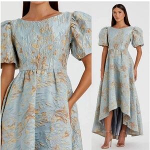 Mac Duggal Puff Sleeve Brocade High-Low Gown Blue Gold